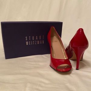 Stuart Weitzman Patent Red Open Toe Heels